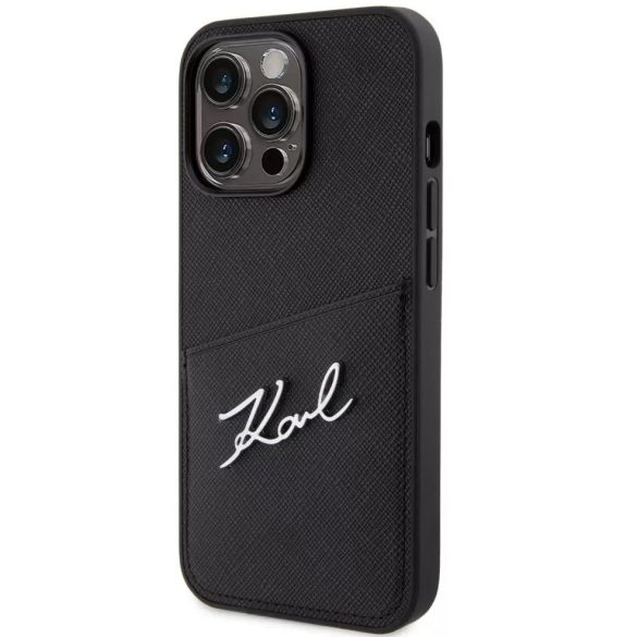 Apple iPhone 13 Pro, Műanyag hátlap védőtok + szilikon keret, bőrhatású hátlap, kártyatartóval, Karl Lagerfeld Saffiano Metal Signature Cardslot, fekete