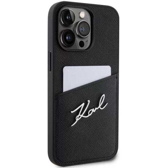 Apple iPhone 13 Pro, Műanyag hátlap védőtok + szilikon keret, bőrhatású hátlap, kártyatartóval, Karl Lagerfeld Saffiano Metal Signature Cardslot, fekete