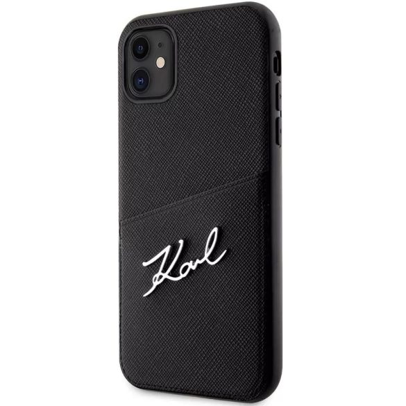 Apple iPhone 11, Műanyag hátlap védőtok + szilikon keret, bőrhatású hátlap, kártyatartóval, Karl Lagerfeld Saffiano Metal Signature Cardslot, fekete