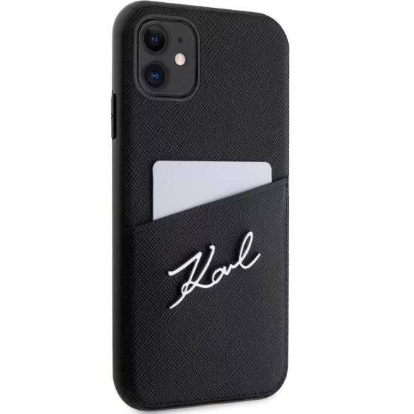Apple iPhone 11, Műanyag hátlap védőtok + szilikon keret, bőrhatású hátlap, kártyatartóval, Karl Lagerfeld Saffiano Metal Signature Cardslot, fekete