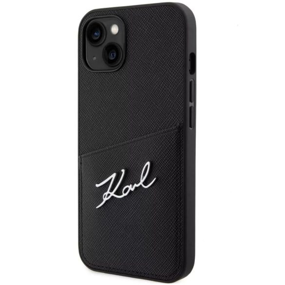 Apple iPhone 14, Műanyag hátlap védőtok + szilikon keret, bőrhatású hátlap, kártyatartóval, Karl Lagerfeld Saffiano Metal Signature Cardslot, fekete