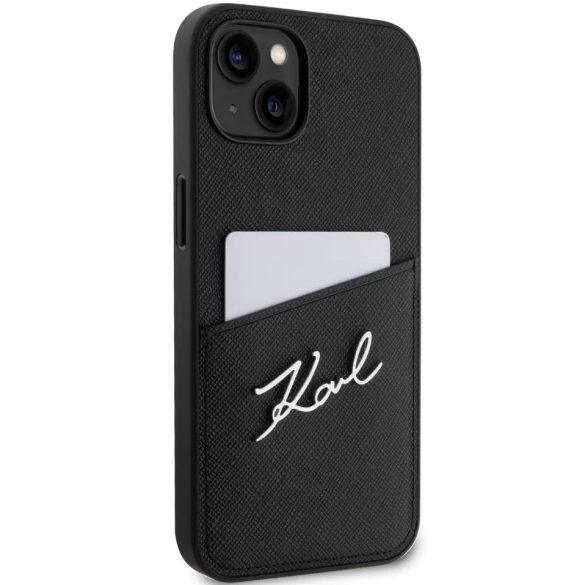 Apple iPhone 14, Műanyag hátlap védőtok + szilikon keret, bőrhatású hátlap, kártyatartóval, Karl Lagerfeld Saffiano Metal Signature Cardslot, fekete