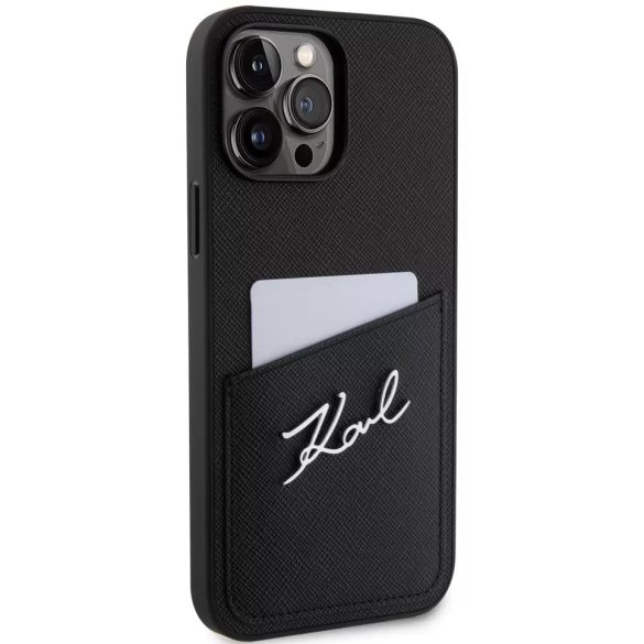 Apple iPhone 14 Pro Max, Műanyag hátlap védőtok + szilikon keret, bőrhatású hátlap, kártyatartóval, Karl Lagerfeld Saffiano Metal Signature Cardslot, fekete