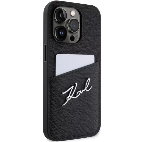 Apple iPhone 14 Pro, Műanyag hátlap védőtok + szilikon keret, bőrhatású hátlap, kártyatartóval, Karl Lagerfeld Saffiano Metal Signature Cardslot, fekete