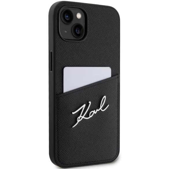 Apple iPhone 13, Műanyag hátlap védőtok + szilikon keret, bőrhatású hátlap, kártyatartóval, Karl Lagerfeld Saffiano Metal Signature Cardslot, fekete