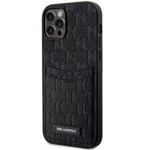 Apple iPhone 12 / 12 Pro, Műanyag hátlap védőtok + szilikon keret, bőrhatású hátlap, kártyatartóval, 3D monogram minta, Karl Lagerfeld Saffiano Monogram Cardslot, fekete