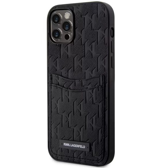 Apple iPhone 12 / 12 Pro, Műanyag hátlap védőtok + szilikon keret, bőrhatású hátlap, kártyatartóval, 3D monogram minta, Karl Lagerfeld Saffiano Monogram Cardslot, fekete