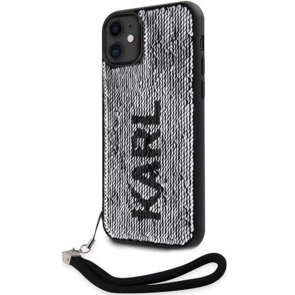 Apple iPhone 11, Műanyag hátlap védőtok + szilikon keret, színváltós hátlap, kézpánttal, Karl minta, Karl Lagerfeld Sequins Reversible, ezüst/fekete