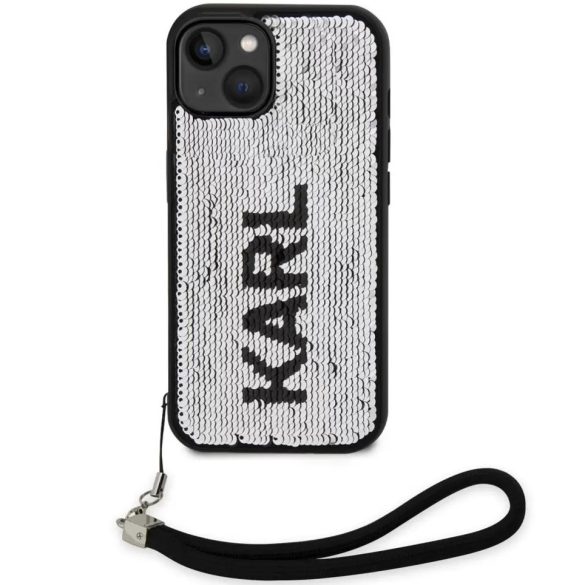 Apple iPhone 14, Műanyag hátlap védőtok + szilikon keret, színváltós hátlap, kézpánttal, Karl minta, Karl Lagerfeld Sequins Reversible, ezüst/fekete
