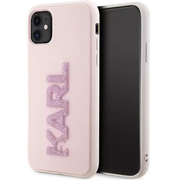 Apple iPhone 11, Műanyag hátlap védőtok + szilikon keret, 3D csillogó, Karl minta, Karl Lagerfeld 3D Rubber Glitter Logo, rózsaszín