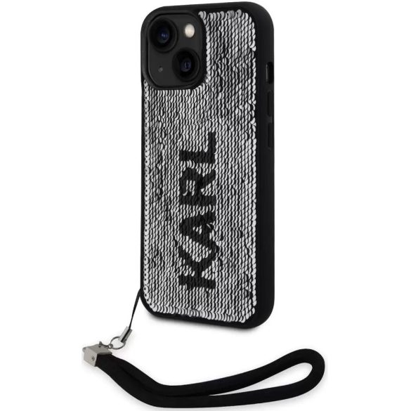 Apple iPhone 15, Műanyag hátlap védőtok + szilikon keret, színváltós hátlap, kézpánttal, Karl minta, Karl Lagerfeld Sequins Reversible, ezüst/fekete