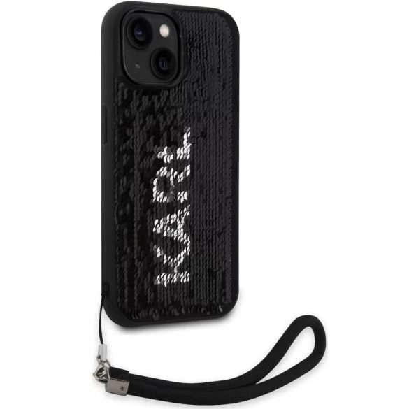 Apple iPhone 15, Műanyag hátlap védőtok + szilikon keret, színváltós hátlap, kézpánttal, Karl minta, Karl Lagerfeld Sequins Reversible, ezüst/fekete