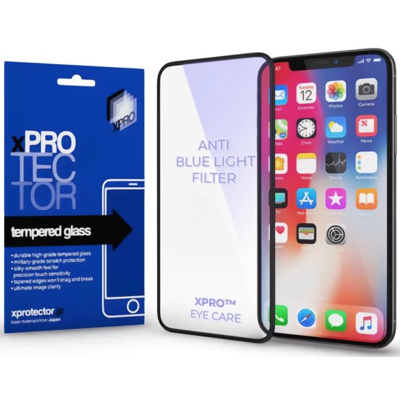 Apple iPhone 15 Pro, Kijelzővédő, ütésálló fólia (az íves részre is!), Tempered Glass (edzett üveg), kékfény elleni védelem. Xprotector Anti Blue Light, fekete