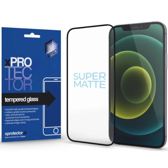 Apple iPhone 15 Pro, Kijelzővédő fólia, ütésálló fólia (az íves részre is!), Tempered Glass (edzett üveg), matt, Xprotector Full 3D SuperMatte, fekete