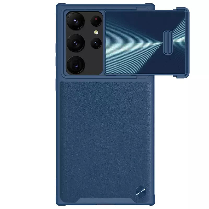 Samsung Galaxy S23 Ultra SM-S918, Műanyag hátlap védőtok, szilikon keret, kamera védelem, közepesen ütésálló, bőrhatású hátlap, Nillkin CamShield Leather "S", kék