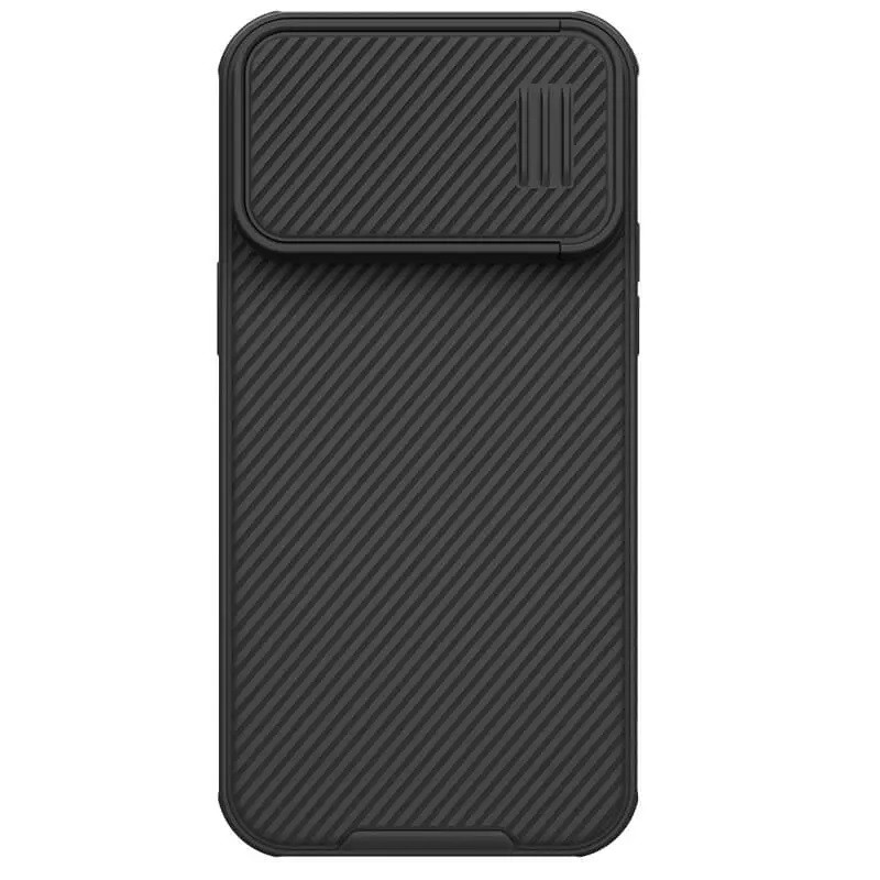 Apple iPhone 14 Pro Max, Műanyag hátlap + szilikon keret, közepesen ütésálló, kamera védelem, csíkos minta, Nillkin CamShield "S", fekete