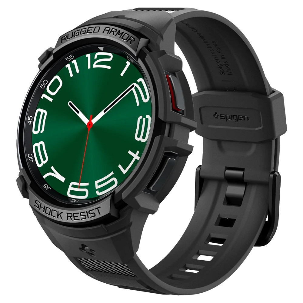 Samsung Galaxy Watch 6 Classic (47mm) SM-R960 / R965, Szilikon védőkeret, ütésálló, szíjjal, Spigen Rugged Armor Pro, fekete