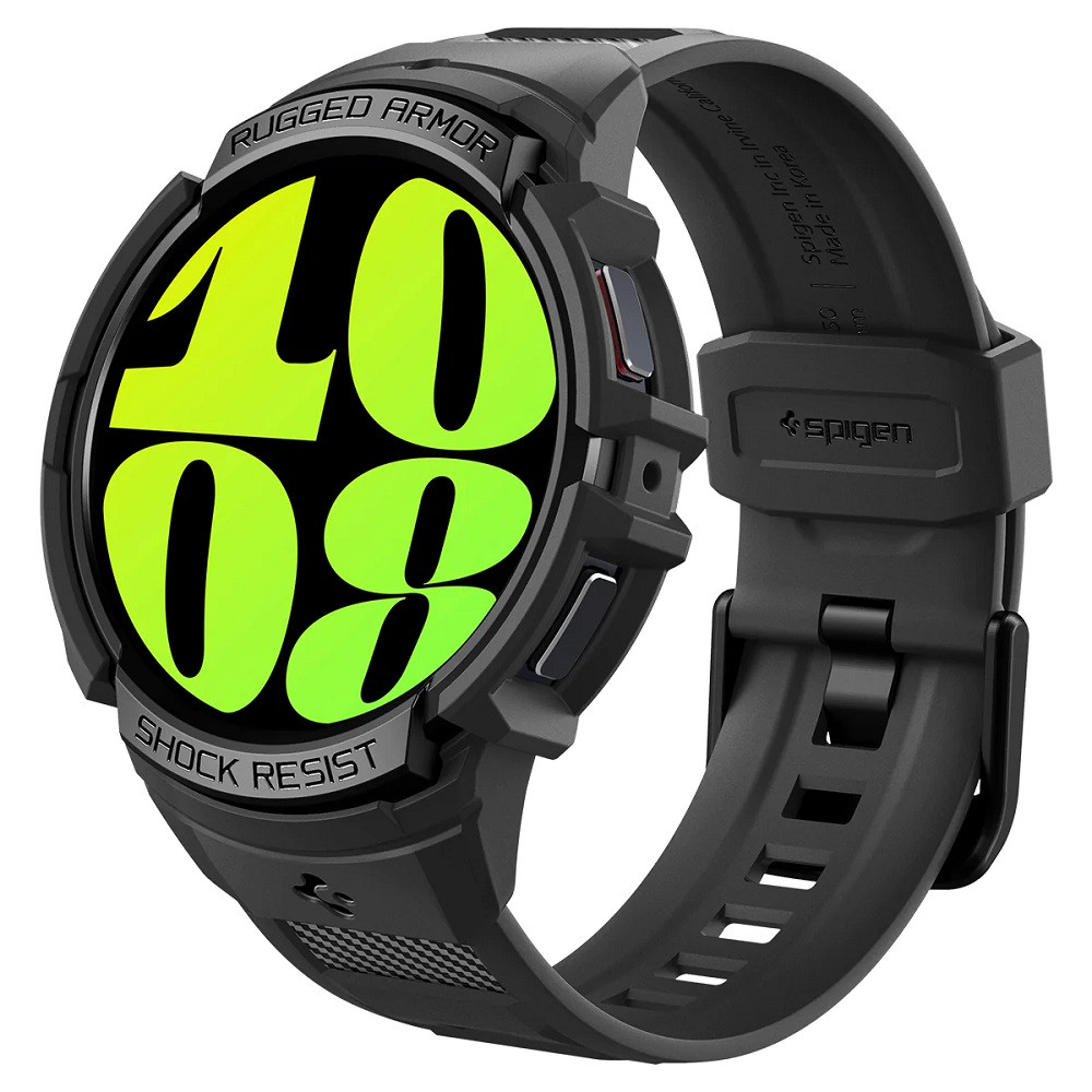 Samsung Galaxy Watch 6 (44mm) SM-R940 / R945, Szilikon védőkeret, ütésálló, szíjjal, Spigen Rugged Armor Pro, fekete