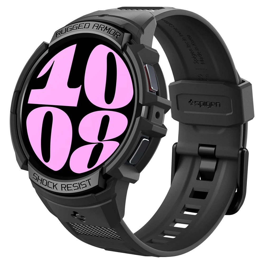 Samsung Galaxy Watch 6 (40mm) SM-R930 / R935, Szilikon védőkeret, ütésálló, szíjjal, Spigen Rugged Armor Pro, fekete