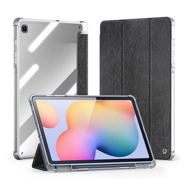 Samsung Galaxy Tab S6 Lite 10.4 (2020 / 2022 / 2024) SM-P610 / P615 / P613 / P619 / P620 / P625, mappa tok, érintőceruza tartó, közepesen ütésálló, textil hatású előlap, átlátszó hátlap, Trifold, Dux Ducis Unid, fekete