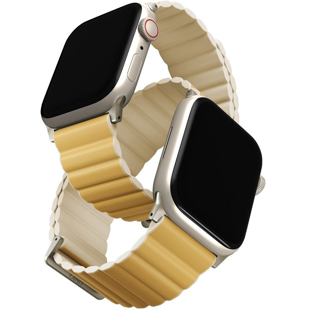 Apple Watch 1-6, SE (42 / 44 mm) / Watch 7-8 (45 mm) / Watch Ultra (49 mm), szilikon pótszíj, mágneses zár, kétszínű, két oldalas, megfordítható, Uniq Revix, sárga/tört-fehér