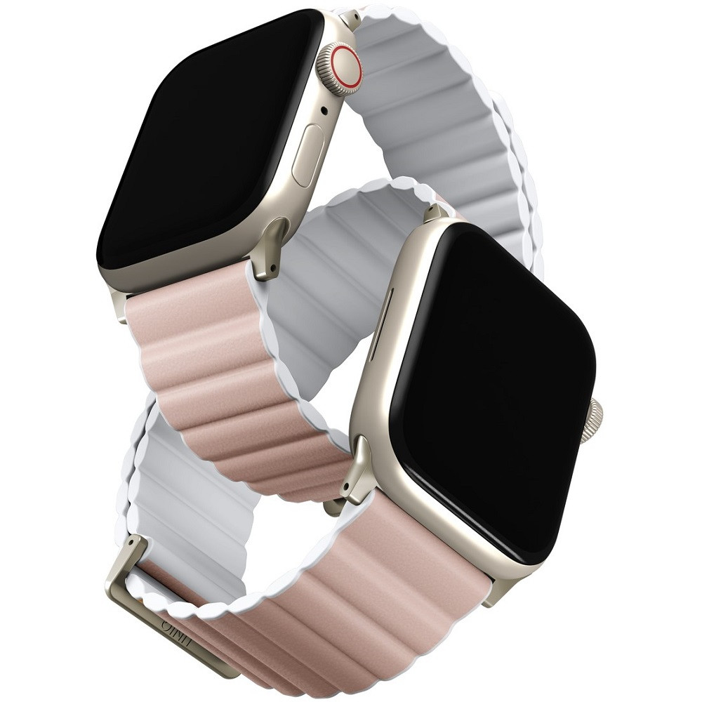 Apple Watch 1-6, SE (42 / 44 mm) / Watch 7-8 (45 mm) / Watch Ultra (49 mm), szilikon pótszíj, mágneses zár, kétszínű, két oldalas, megfordítható, Uniq Revix, rózsaszín/fehér